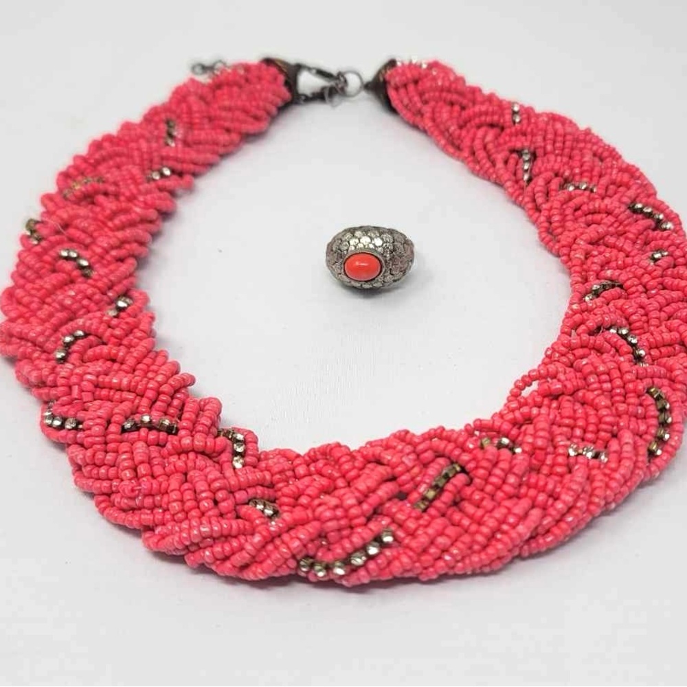 Pink Vintage Necklace Coral Pink Beaded Statement Necklace And Ring Set Sz7